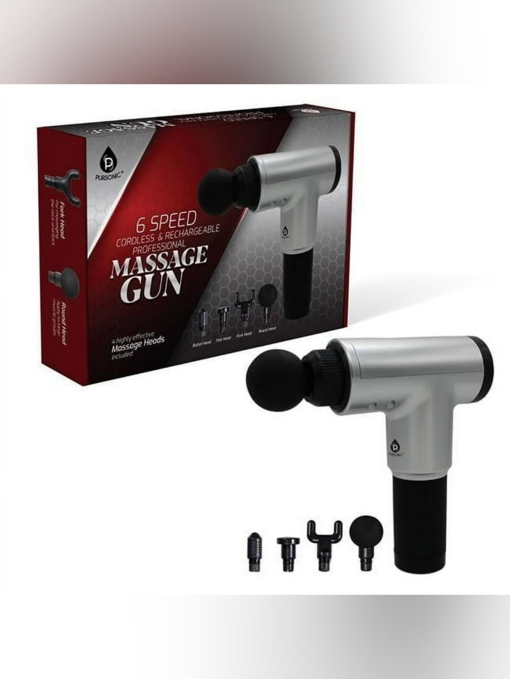 BNIB Pursonic 6 Speed Pro Rechargeable Massage Gun, Silver & Black